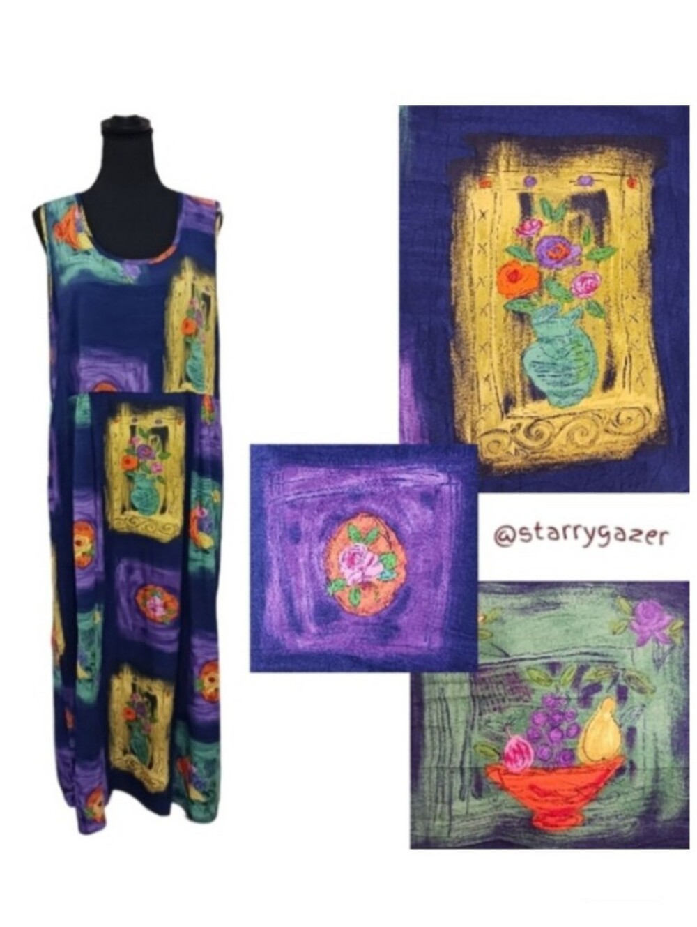 James World Midi Dress Still Life Fruit Bowl Flower Vase Indigo Violet